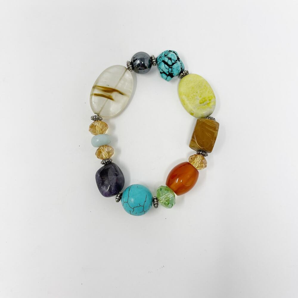 Boutique Multicolored Beaded Stretch Bracelet Silver Tone Turquoise Fashion